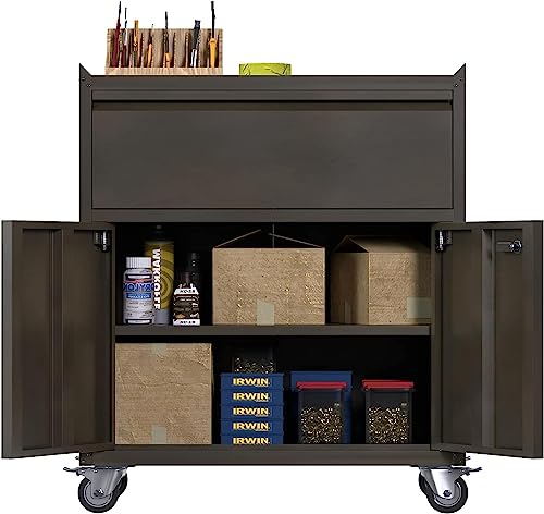 35.4" H Metal Storage Cabinet with Drawer and Doors, Top Workbench Mobile Tool Chests Garage Cabinets with 4 Wheels, Garage Home Office Shop, Retro Color - WoodArtSupply