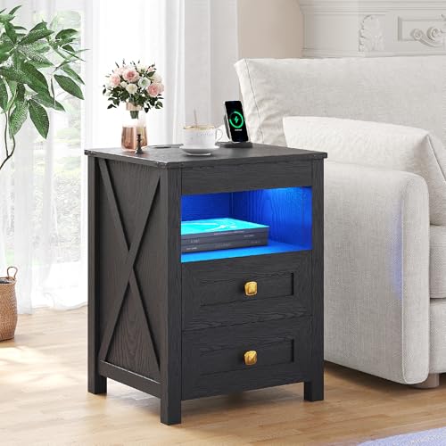 TAGELIER Farmhous Nightstand with Gun Drawer,Bedside Table with Charging Station, Gun Night Stand with LED Light & Human Sensor,Smart End Table for Bedroom, Black TAGELIER