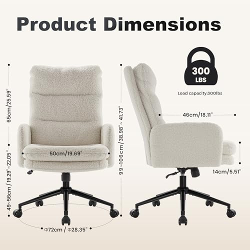 IWMH High-Back Home Office Chair,Upholstered Desk Chair with Armrests,Height Adjustable Armchair with Wheels, Swivel Office Desk Chair, Ergonomic Computer Task Chair, Leisure Armchair Cashmere(White) IWMH