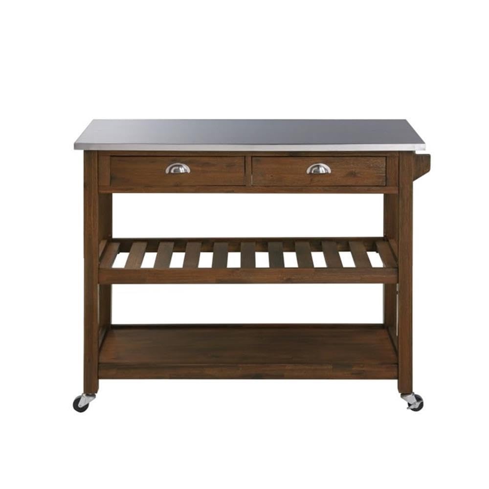 BOWERY HILL Modern Wood/Stainless Steel Kitchen Cart in Chestnut Wire-Brush BOWERY HILL