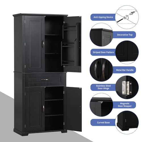 72.2" Tall Storage Cabinet with 4 Doors and Drawer, Freestanding Linen Cabinet, Wooden Pantry with Adjustable Shelf for Kitchen, Bathroom, Living Room, Black