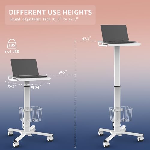 TUILUN Adjustable Height Portable Laptop Desk with Wheels,White Computer Cart on Wheels,Standing Mobile Desk Workstation, Utility Medical Cart TUILUN