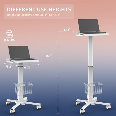 TUILUN Adjustable Height Portable Laptop Desk with Wheels,White Computer Cart on Wheels,Standing Mobile Desk Workstation, Utility Medical Cart TUILUN