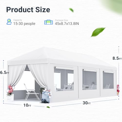 Quictent 10x30 Heavy Duty Party Tent with 6 Removable Mesh Windows & Ventilation - Waterproof Outdoor Canopy Tent for Weddings, Backyard Events, Shelter, UV Protection (White) Quictent