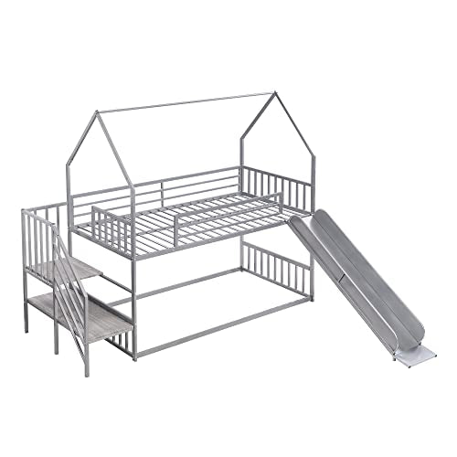 Favfurish Twin Over Twin-Size Metal Bunk Bed House-Shape-Bed with Slide and Staircase,No Box Spring Needed, Easy to Install, for Kids, Girls, Boys,Silver Favfurish