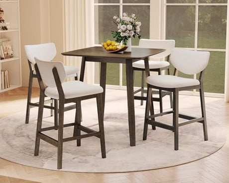 PrimeZone 5 Piece Dining Table Set - Counter Height Bar Table and Chairs Set for 4, Mid-Century Modern Upholstered Bar Stools with Back & Wood Kitchen Table, Dinette Set for Dining Room, Pub PrimeZone