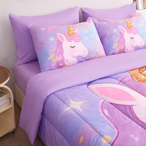 ZUEXVOFY Twin Comforter Set for Girls 5 Piece Purple Unicorn Bedding Set for Girls Super Soft Microfiber Bed Set Bed in a Bag with Comforter Sheets Pillowcase & Sham ZUEXVOFY