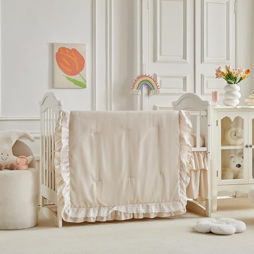Lace Ruffle Crib Bedding Set 3 Pieces Baby Boho Lace Quilted Comforter with Fitted Sheet and Bed Skirt - Cute Ruffled Shabby Chic Baby Bedding Soft Blanket Design Pink UOZZI BEDDING