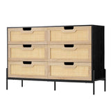 IDEALHOUSE 6 Drawers Dresser for Bedroom, Natural Rattan Drawer with Spacious Storage, Wood Chest of Drawers with Metal Legs for Bedroom, Living Room, Hallway, Entryway (Black, 6 Drawers Dresser) IDEALHOUSE