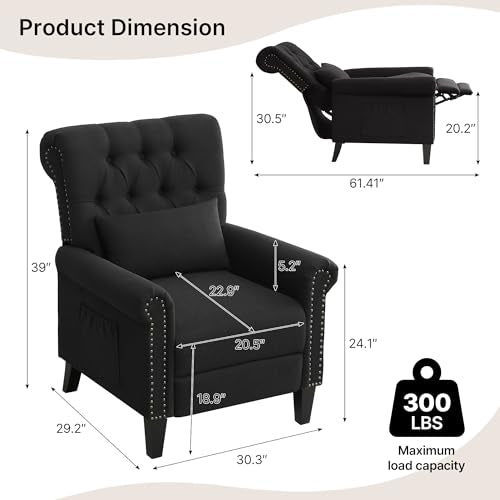 choairy Pushback Recliner Chair, Accent Push Back Chairs with Adjustable Footrest, Upholstered Linen Reclining Sofa with Side Pocket, Comfy Modern Armchair for Living Room, Bedroom, Black