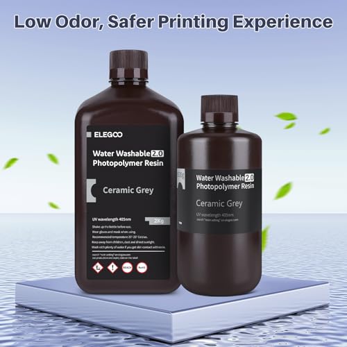 ELEGOO Upgraded Water Washable 3D Printer Resin 2.0, 405nm UV-Curing 3D Resin with Lower Shrinkage and Higher Precision for LCD 3D Printing Gray 1000g ELEGOO