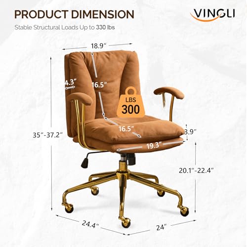 VINGLI Home Office Desk Chair Comfy with wheels&Removable Armrests,Gold Base Vanity Chair with Back,Adjustable Rolling Swivel Computer Task Chair for Study,Makeup,Office,Bedroom,Microfiber/Suede,Brown VINGLI