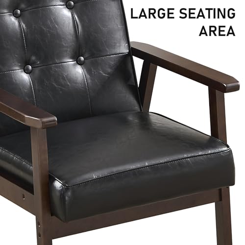Bonzy Home Mid Century Modern Accent Chairs Set of 2 for Living Room, Upholstered Faux Leather Armchair Comfy Retro Bedroom Side Chair with Solid Wood Frame, Black Bonzy Home