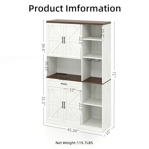 71" Kitchen Pantry Cabinet with Charging Station & LED Light,Freestanding Buffet Storage Cabinets with Adjustable Shelves,Farmhouse Kitchen Hutch with Microwave Stand for Dining Room (White+Brown) Anwick