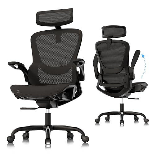 GABRYLLY Ergonomic Mesh Office Chair, Adjustable Home Desk Chair with Folding Armrest, 2D Headrest, Soft Seat and PU Wheel, Black Swivel Task Chair for Office, Business, Student (GY1108) GABRYLLY