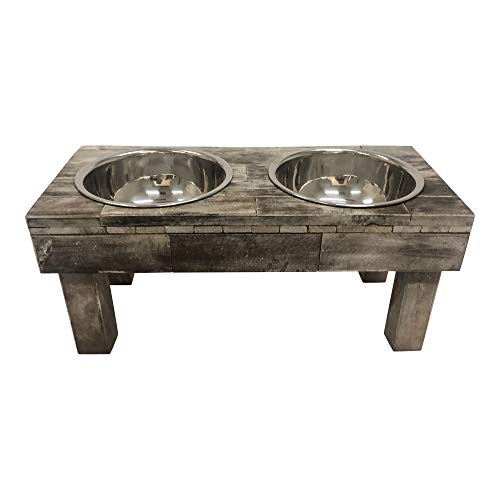 Huntley Equestrian Pet Berjen Table Elevated Double Bowl Pet Feeder, Brown Wash (Large) (02189) Huntley Equestrian