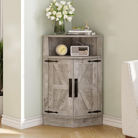 Vabches Corner Storage Cabinet, Farmhouse Small Floor Corner Cabinet with Barn Door and Adjustable Shelf, Narrow Cabinet Organizer for Bathroom,Pantry, Living Room, Kitchen, Grey Vabches