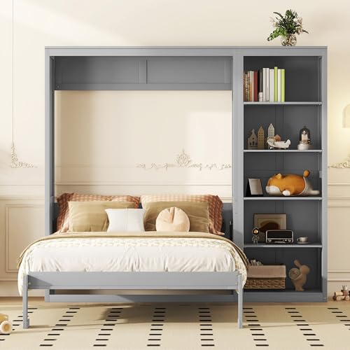 Merax Queen Size Murphy Bed, Wood Queen Wall Bed Frame with Shelves, Queen Murphy Cabinet Bed for Home, Office or Small Room, Gray Merax