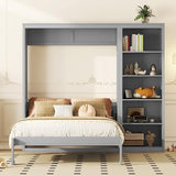 MERITLINE Queen Murphy Bed with Storage Bookcase Shelves,Wood Folding Grey Murphy Wall Bed Cabinet MERITLINE