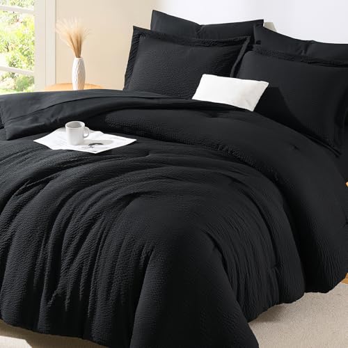 CozyLux King Size Comforter Set Black - 7 Pieces Striped Seersucker Bed in a Bag, Soft Lightweight Boho Bedding Set with All Season Comforters King Size, Sheets, Pillowcases & Shams CozyLux