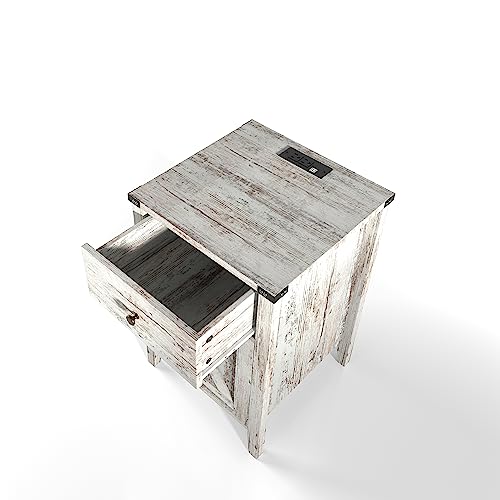 Betterhood Rustic White-Wash Nightstand - Distressed Wood Side Table with USB Charging Station, Perfect for Bedroom & Living Room, Barnwood and Farmhouse Style - WoodArtSupply