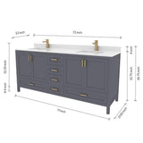 Ayna Decors Rooh 72 in Charcoal Grey Double Sink Bathroom Vanity Set with White Quartz Countertop | 4 Soft Closing Doors | 5 Full Extention Soft Close Drawers | Gold Hardware Ayna Decors