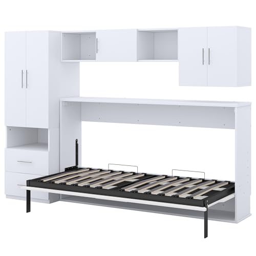 FAVSH Twin Size Murphy Bed Built-in Wardrobe and Table, Fold-The-Way Bed,with Open Shelves and Storage Drawers,Space-Saving Hidden Bed,Wall Bed for Bedroom.White FAVSH