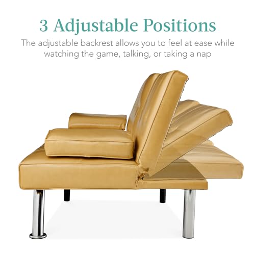 Best Choice Products Faux Leather Upholstered Modern Convertible Futon, Adjustable Folding Sofa Bed, Guest Bed w/Removable Armrests - Camel Yellow Best Choice Products