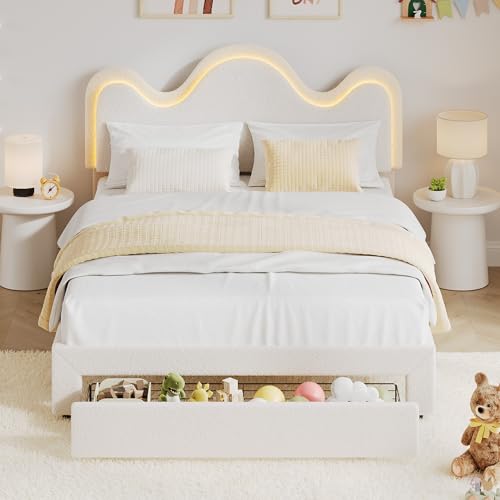 IDEALHOUSE Full Bed Frame with LED Headboard and Under-Bed Drawer, Metal Upholstered Platform Bed with LED Light for Kids, Girls, Lamb Fleece Fabric, Wooden Slats Support, No Box Spring Needed, White IDEALHOUSE
