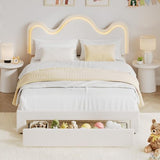 IDEALHOUSE Full Bed Frame with LED Headboard and Under-Bed Drawer, Metal Upholstered Platform Bed with LED Light for Kids, Girls, Lamb Fleece Fabric, Wooden Slats Support, No Box Spring Needed, White IDEALHOUSE