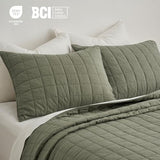 EVERGRACEHOME 100% Cotton Box Stitch Quilt Bedding Set King Size 3 Pieces, Garment-Washed Lightweight Soft Cozy Coverlet, Oversized Quilted Bedspread Sets with 2 Shams for All Season, Olive Green EVERGRACEHOME