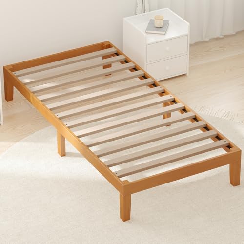 DUMOS Solid Wood Bed Frame, Twin Size Bed Base with Wood Slat Support, Sturdy, Stylish & Noise-Free Design, No Box Spring Needed, Easy Assembly, 12 in Natural Pine DUMOS