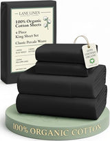 LANE LINEN 100% Organic Cotton Bed Sheets King Size, Soft & Comfy Fully Elasticized Percale Bedding Sheets & Pillowcase Set, Low Pilling Machine Washable King Sheet- Black Sheets LANE LINEN