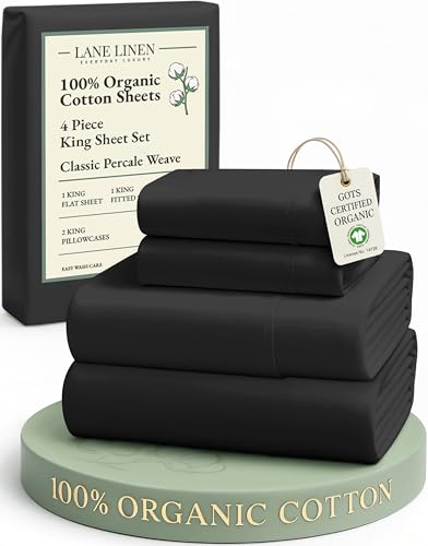 LANE LINEN 100% Organic Cotton Bed Sheets King Size, Soft & Comfy Fully Elasticized Percale Bedding Sheets & Pillowcase Set, Low Pilling Machine Washable King Sheet- Black Sheets LANE LINEN