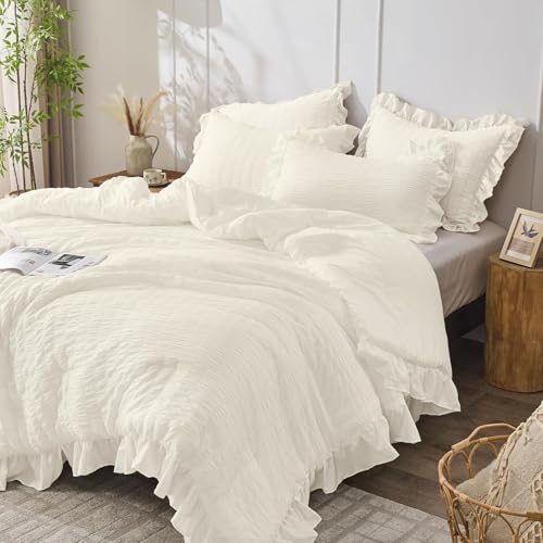 JOLLYVOGUE Ivory Queen Comforter Set, 3 Pieces Seersucker Comforters Queen Size, Lightweight & Fluffy Bedding Sets Queen for All Season with 1 Ruffle Comforter and 2 Ruffle Pillowshams JOLLYVOGUE