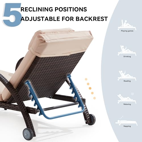 Lanonuvia Pool Outdoor Lounge Chairs Set of 2,Outdoor Chaise Lounge w/ 5 Adjustable Back,Wicker Patio Pool Lounge Chair with Wheels for Poolside Deck Lawn,Khaki