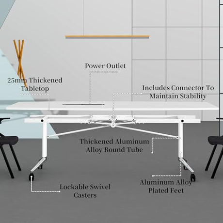 7.5FT Folding Conference Room Table for 6-8 People, 90.6" Meeting Seminar Table with Power Outlets & Cable Grommets Metal Frame for Office Conference, Executive & Collaborative Spaces (1, G, 90.6in) CUFEFi
