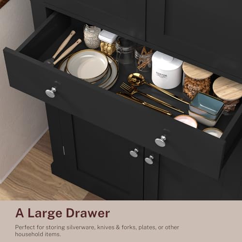 FIONESO 72” Pantry Cabinet, Tall Storage Cabinet with 6 Hanging Shelves & 1 Large Drawer, Kitchen Pantry Cabinet with Adjustable Shelf, for Dinging Room, Living Room, Black FIONESO