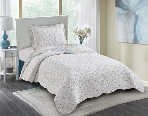 Brilliant Sunshine Blue and Green Rose Patchwork, 2-Piece Quilt Set with 1 Sham, Reversible Bedspread, Soft Lightweight Coverlet, All-Season, Twin, Blue Green Brilliant Sunshine