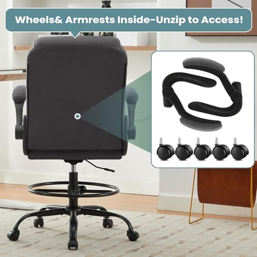 MAHOMICO Drafting Chair for Standing Desk – Tall Office Chair with Adjustable Height & Foot Ring, Flip-Up Arms, Lumbar Support – Comfortable Fabric Seat, Ideal Home Desk Chair MAHOMICO