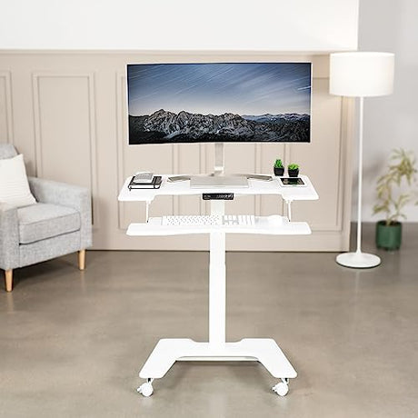 VIVO White Electric Mobile Height Adjustable 36 inch Dual Platform Standing Desk with Wheels, Rolling Small Space Table, Sit Stand Workstation, DESK-V111VTW VIVO