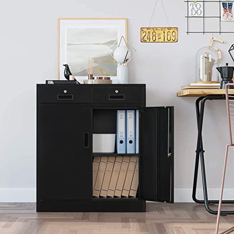 CJF Metal Storage Cabinet with 2 Doors and 2 Locking Drawers, Steel Storage Cabinets for Office/Home 36.2" H x 31.5" W x 15.7" D (Black) CJF