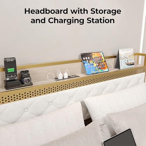 GarveeHome King Bed Frame with 2 Storage Drawers, LED Bed Frame with 2-Tier Storage Headboard&Charging Station, Metal Platform Bed Frame, No Box Spring Needed, Noise Free, White GarveeHome