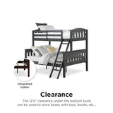DHP Airlie Convertible Wood Bunk Bed Twin Over Full Size, Stackable and Detachable Bed Frames for Kids, Teens, Angled Ladder, High Guardrail, Wood Slats, No Boxspring Required, Grey DHP