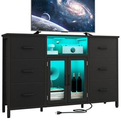 FFBCFDK Black Dresser for Bedroom Dresser TV Stand with Charging Station for 60" TV Long 6 Drawer Dresser for Bedroom with LED Light Large Fabric Dresser Organizer Unit Tall Chest of Drawers for Kids