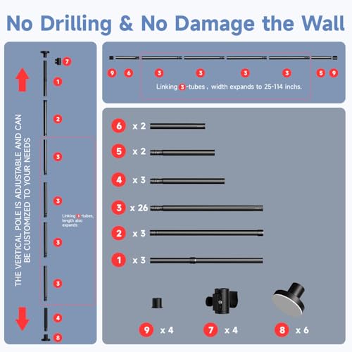 Room Divider Curtain Rod No Drilling Wall Divider for Room Partition, 28-114'' Wide Portable Metal Room Divider Panel Separation Curtain Stand, Heavy Duty No Drill Curtain Rods for Space Separator HOMSCREENER