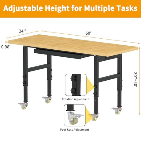 Sylritha 60" Work Bench with Storage, Adjustable Workbench with Drawers, Heavy-Duty Work Bench with Power Outlets, 3000 LBS Garage Workbench, Work Table with Wheels for Workshop, Office Sylritha
