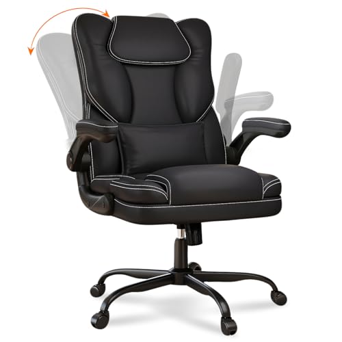 Ergonomic Office Chair with Flip-up Armrests 300lbs,Middle-Tall Computer Office Desk Chair with Lumbar Support,Executive Leather Chair with Rocking Function Adjustable Height for Home Office Box DesignLab