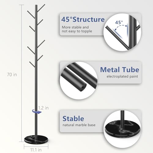 Durmmur Heavy Duty Coat Rack with Natural Marble Base, Freestanding Metal Coat Stand with 8 Hooks, Modern Stable Coat Hanger Tree for Bags, Jacket, Clothes, and Hats, Black Metal