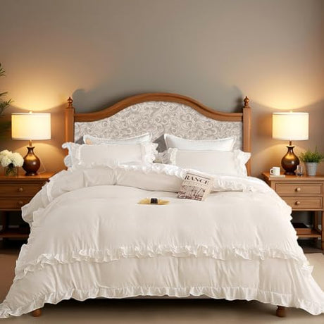 Jolusere White Ruffle Duvet Cover Full Girls Shabby Chic Farmhouse Bedding Set 3Pcs 100% Washed Microfiber Duvet Cover Set Boho Vintage Ruffled Bedding with Zipper Closure & Corner Ties,2 Pillowcases Jolusere